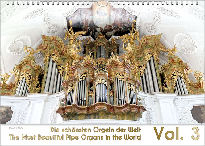 Der Orgelkalender in der Vol-Serie. In den oberen 80 Prozent sieht man eine traumhafte barocke Orgel. Unten in einem weißen Feld steht der Kalendertitel links: „Die schönsten Orgeln der Welt“, rechts eine riesige Vol.-Nummer..