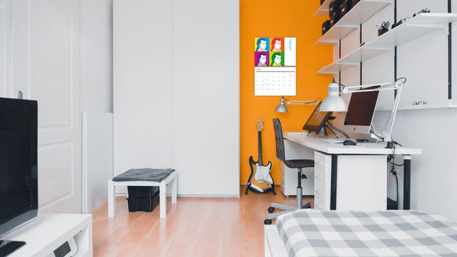 Ein Jugendzimmer in Weiß und Grau mit der Ausnahme einer gelben Wand im Hintergrund. Vorne links ist ein Fernseher, vorne rechts ein Bett. Rechts hinten ist eine Arbeitsecke mit einem Schreibtisch. An der gelben Wand hängt ein Broschürenkalender.