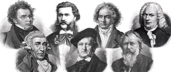Auf weißem Untergrund sind sieben Klassische Komponisten als Portäts und als Holzstich dargestellt. Es ist eine obere und eine untere Reihe.