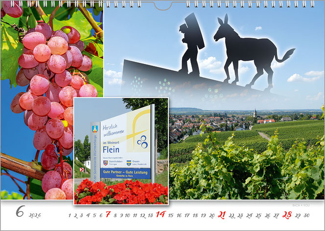 Ein Kalenderblatt im Weinkalender. Links ist eine rötliche Traube mit grünem Weinlaub vor blauem Himmel. Rechts sieht man das Kunstwerk am Fleiner Ortseingang: Wengerter und Esel. Darunter ist ein Hinweisschild in Flein. Ganz unten ist das Kalendarium.