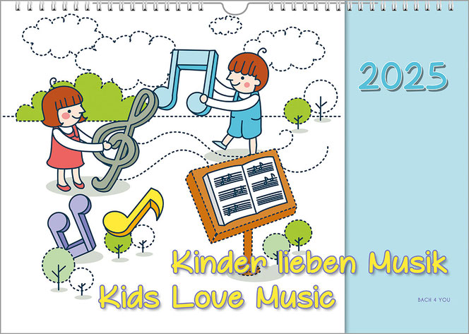 Im linken Feld des Musikkalenders für Kids machen zwei gemalte junge Kinder Musik. Der Untergrund der Fläche ist weiß. Rechts ist eine senkrechte hellblaue Fläche. Auf ihr ist oben rechts das Jahr. Der Titel ist unten mittig.