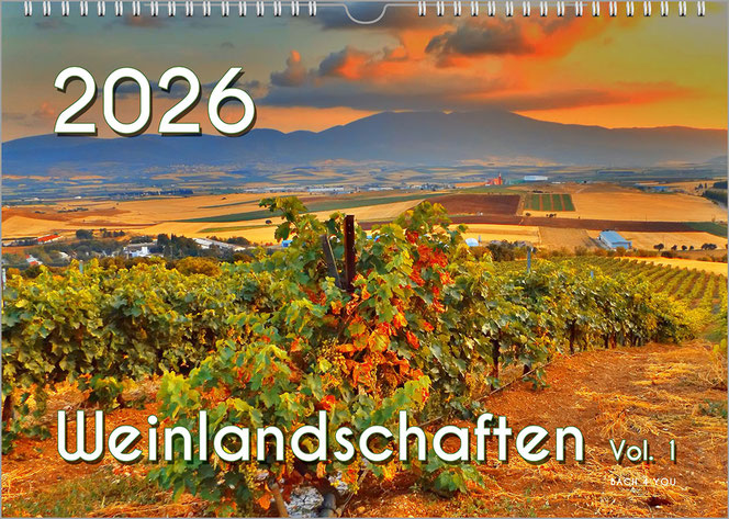 Ein Weinkalender zeigt einen weiten Blick auf Weingärten mit Bergen im Hintergrund. Es ist eine Verfremdung der Farben. Oben links ist die Jahreszahl in Weiß, unten mittg ist der Titel.