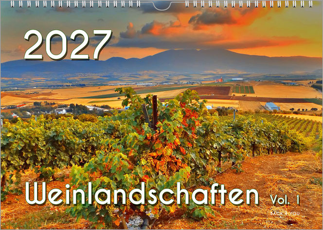 Ein Weinkalender zeigt einen weiten Blick auf Weingärten mit Bergen im Hintergrund. Es ist eine Verfremdung der Farben. Oben links ist die Jahreszahl in Weiß, unten mittg ist der Titel.