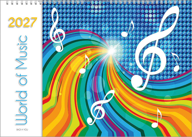 Ein Musikkalender im Querformat im Bachshop. In den rechten drei Vierteln ist eine superbunte Straße in die Ferne angedeutet. Weiße Notenschlüssel schweben über dem Werk. Links ist auf einem senkrechten weißen Feld oben die Jahreszahl, unten der Titel.