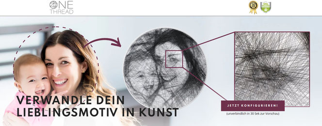 Eine Homepage eines Nagelbild-Anbieters. Links sieht man ein Foto von einer Mutter mit Kind. In der Mitte ist das Nagelbild davon und rechts ist ein Ausschnitt des Auges der Mutter zur Verdeutlichung.