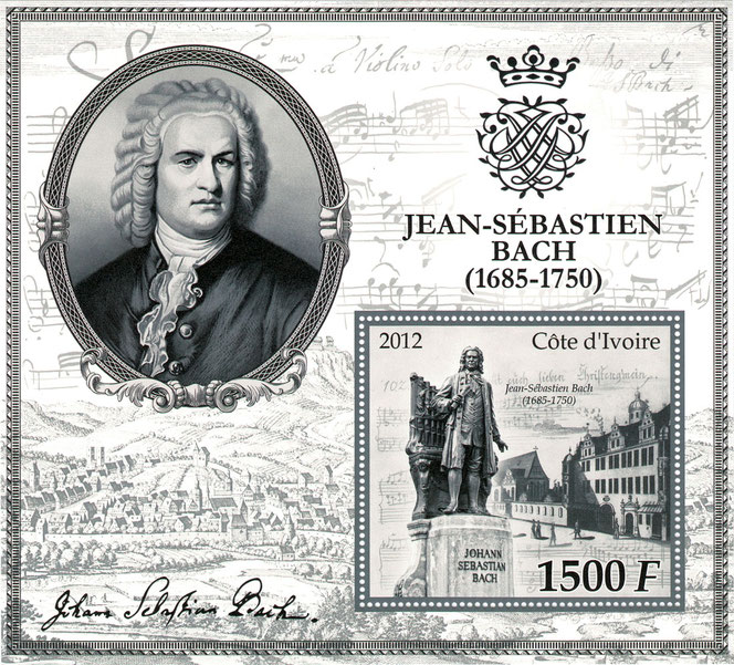 Eine traumhafter Briefmarkenblock von der Elfenbeinküste. Rechts unten ist die Marke, man sieht das Neue Bach-Denkmal, Thomaskirche und Rathaus von Leipzig. Links oben im Block ist ein Porträt von Bach, darunter ein Holzstich von Eisenach.