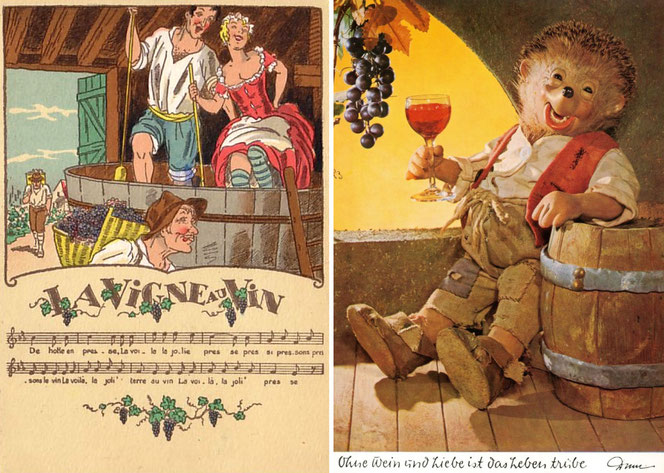 Zwei historische Illustrationen. Links ist es Weinwerbung, rechts ein lachender Igel mit Lederhosen, Hemd und Jacke neben einem Weinfass. Er hält ein Glas mit Rotwein. Links sieht man einen Mann und eine Frau beim Traubenstampfen.