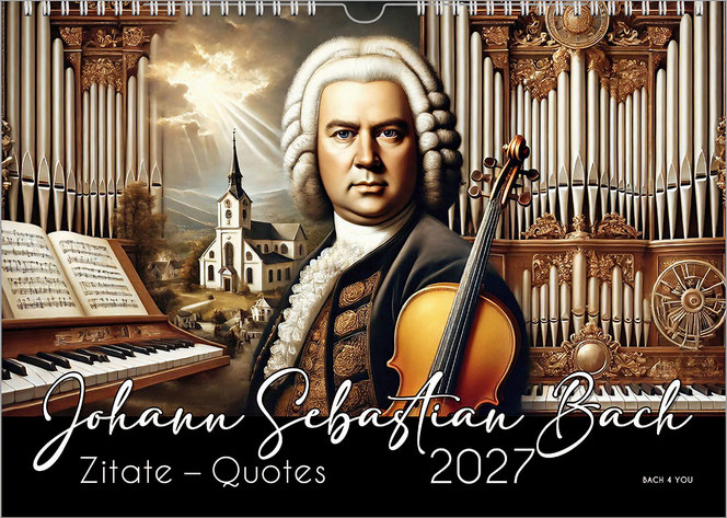 Es ist ein Bach-Kalender. Ein historisches Porträt ist modern nachempfunden. Das Motiv ist grau auf grauem Hintergund. Links steht senkrecht die weiße Jahreszahl, unten ist in einem milchigen Band der Kalendertitel.