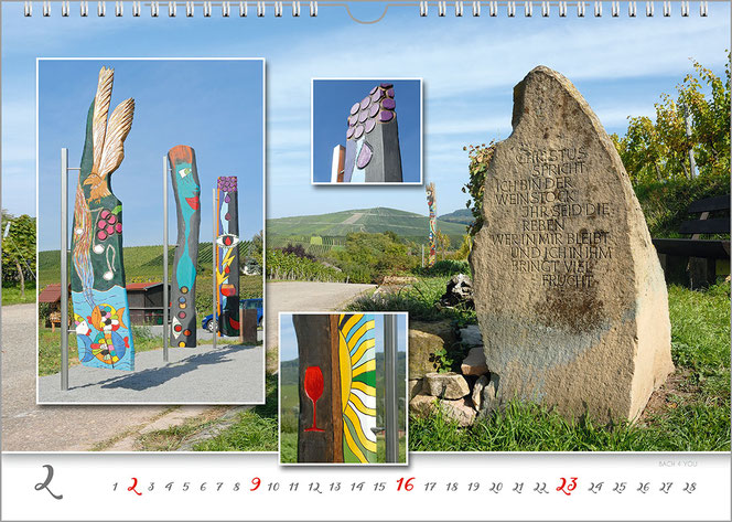 Februar im Fleiner Weinkalender: Auf einem Blick durch und über die Weinberge als Foto sind drei weitere Fotos mit weißem Rand. Es sind Fleiner Ansichten. Rechts im Hauptfoto ist ein großer Granitfelsen. Unten ist das Kalendarium auf einem weißen Streifen