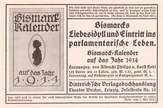 Es ist ein historischer Kalender aus dem Jahr 1914. Auf dem vergilbten Deckblatt sieth man, dass es der Bismarck-Kalender ist. Die rechte Hälfte ist Fließtext.