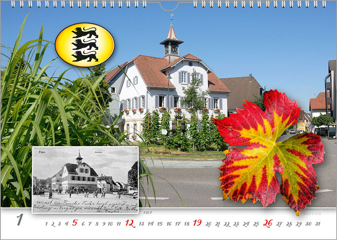 Januar im Fleiner Weinkalender: Man sieht das Alte Rathaus als Foto. Links unten ist klein ein scharzweißes historisches Foto mit weißem Rand. Rechts unten ist ein großes rot/gelbes Weinblatt. Oben ist das Wappen Baden-Württemberg, unten das Kalendarium.
