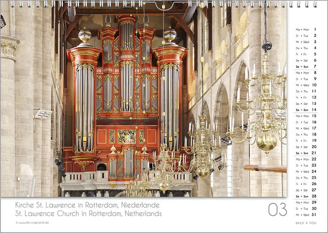 März in einem Orgelkalender. Es ist ein Barockwunder und eine beeindruckende Orgel. Rechts ist von oben bis unten das Kalendarium. Unten links ist in Grau auf Weiß der Name der Kirche und die Location.