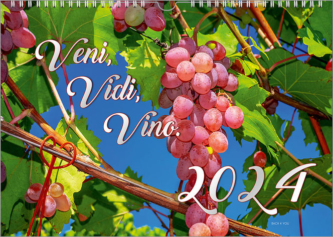 Man sieht Trauben an einem Weinstock, dazu grünes Laub, gegen den blauen Himmel fotografiert. In der linken Bildhälfte ist oben der weiße Titel, unten rechts das weiße Kalenderjahr.