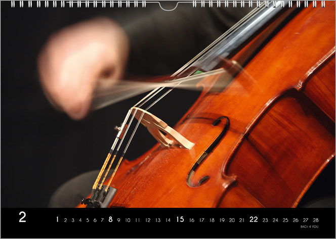Man sieht den Ausschnitt eines Bass im Konzert und links darüber eine durch die Bewegung unscharfe Hand mit Bogen. Der Hintergrund ist schwarz. Unten ist Weiß auf Schwarz das Kalendarium.