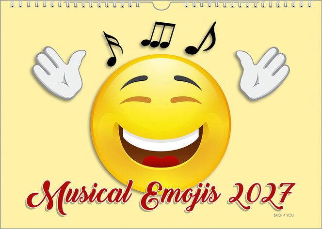 Ein gelber Emoji in voller Höhe lacht und hebt die Hände. Über ihm sind drei schwarze Noten. Er ist auf hellgelbem Grund. Unten ist in roter Schreibschrift der Titel und das Kalenderjahr des Musikkalenders.