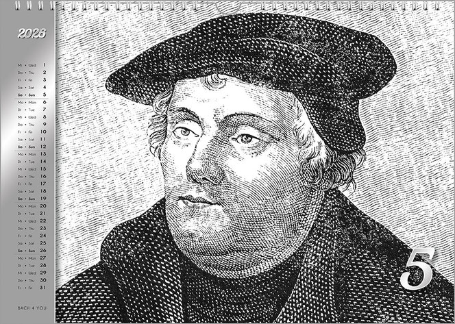 Ein Holzstic-Porträt von Luther ist Innenblatt im Luther-Kalender. Es ist auch eines der bekannten Luther-Motive. Links ist auf silbernem Untergrund das Kalendarium.