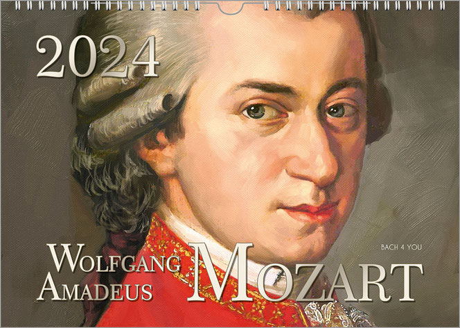 Der querformatige Mozart-Kalender. Mozart schaut zum Betrachter. Das Bild ist dem Original besonders ähnlich. Das Jahr oben links, der Titel unten mittig.