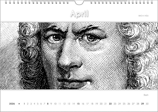 Der April in einem Komponisten-Kalender. Es sind drei waagrechte Flächen. Unten und oben sind sie weiß. In der Mitte ist das Porträt von Bach als Holzstich stark oben und unten beschnitten. Unten ist das Kalendarium, oben der Monat.