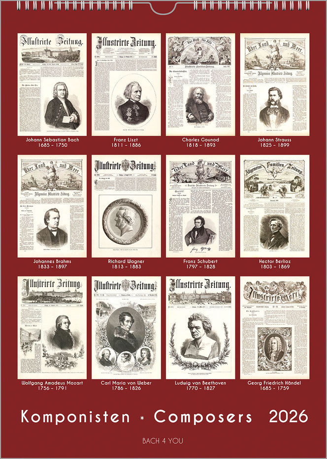 Zwölf Titelseiten historischer Wochenblätter bilden zwölf Komponisten ab. Unter jedem Titel stehen Name und Daten in Weiß. Es ist ein Hochformat-Kalender auf rostrotem Grund. Unten stehen Titel und Jahreszahl.