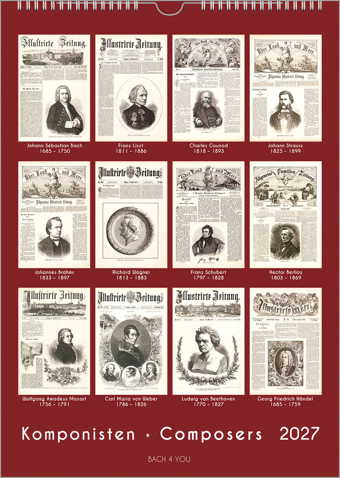 Zwölf Titelseiten historischer Wochenblätter bilden zwölf Komponisten ab. Unter jedem Titel stehen Name und Daten in Weiß. Es ist ein Hochformat-Kalender auf rostrotem Grund. Unten stehen Titel und Jahreszahl.
