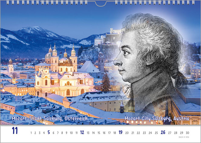 Geschenk für Musiker: Komponisten-Kalender. Es ist ein realistisches Gemälde vom Österreicher Strauss, der einen riesigen Backbart trägt und am Betrachter vorbei schaut. Im Hintergrund und überall gibt es blaue Farbanteile, die "das Bild  jung machen"..