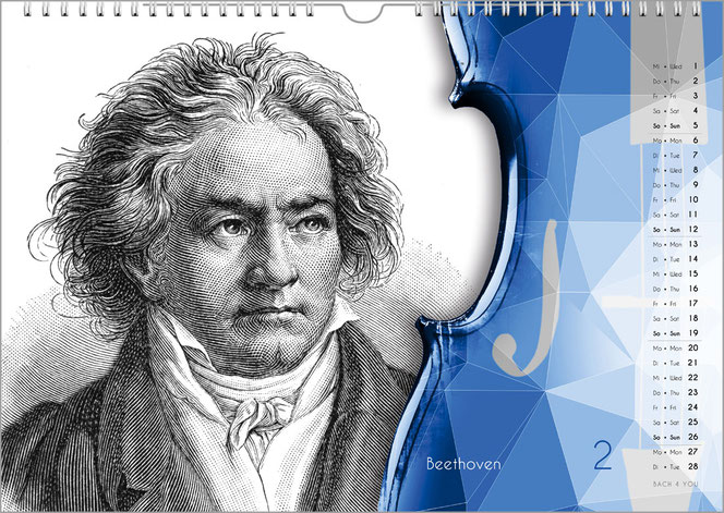 Eine Monatsseite in einem Komponisten-Kalender. Links ist ein bekannter Holzstich von Beethoven, rechts ist eine moderne, stilisierte Violine in Blautönen. Ganz rechts außen ist das Kalendarium.