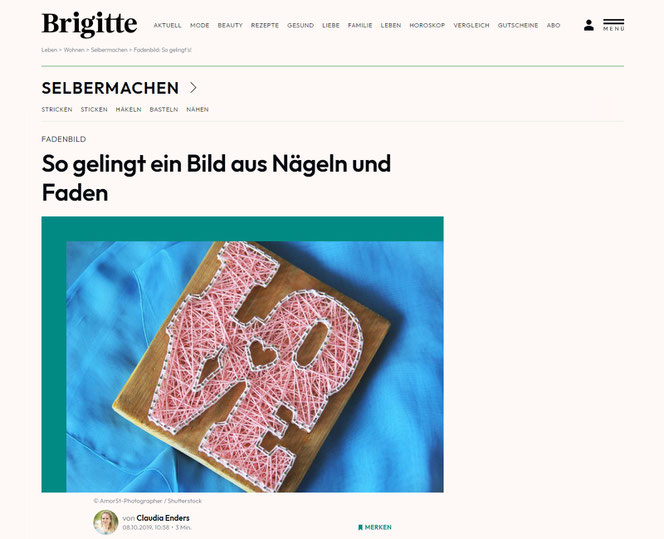 Eine Do-it-Yourself-Website. Oben links ist fett die Überschrift: So gelingt ein Bild aus Nägeln und Faden. Darunter ist ein einfaches Fadenbild in Weiß und Rosa. Auf blauem Untergrund.