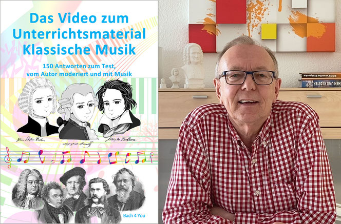 Ein Querformat ist randlos in zwei Hochformate geteilt. Links ist der Titel zum Video des Unterrichtsmaterials Klassische Musik, rechts lächelt der Autor Peter Bach jr. zum Betrachter.