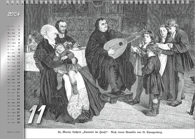Ein schwarzweißer Holzstich. Luther spielt im Kreise seiner Familie auf einer Laute. Links ist auf silbernem Untergrund das Kalendarium dieses Kalender-Monatsblatts.
