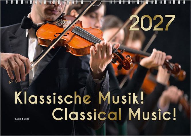 Man sieht fünf Musiker in schwarzem Outfit, die Geige spielen. Vom vordersten Musiker sieht man den Kopf nicht, die nächsten beiden sind unscharf fotografiert.. Unten links ist der Kalendertitel, unten rechts ist das Jahr. Beide Infos sind in Gold.