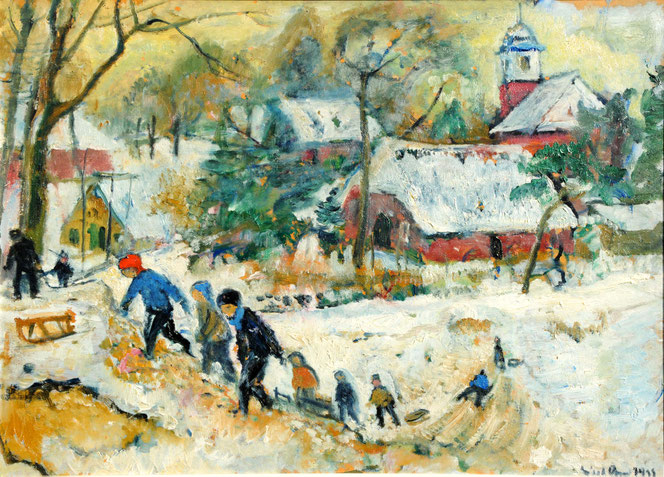Lisel Oppel (1897-1960), Schlittenfahrende Kinder unterhalb der Worpsweder Kirche, 1955, Öl auf Hartfaser, 42x58 cm, r