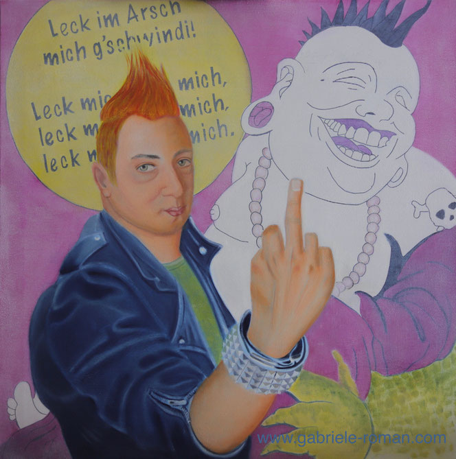 Amadeus Mozart als Punk mit erhobenen "Stinkefinger". Hinter ihm ist der Originaltext von "Lasst froh uns sein" abgebildet: "Leck mir den Arsch fein recht schön sauber" KV 382d.  Daneben auf der Wand hinter Mozart, Buddha mit Punk-Frisur von  Brad Warner.