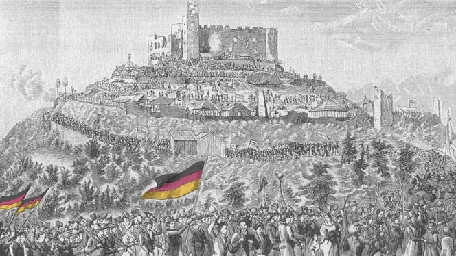 Zug der Bürger und Studenten auf das Hambacher Schloss im Jahr 1832, um ein Zeichen für Bürgerrechte und ein einiges Deutschland zu setzen