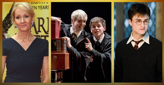 JK Rowling (à gauche), Scorpius Malefoy (Anthony Boyle), Albus Potter (Sam Clemmett) et Harry Potter (Daniel Radcliffe)