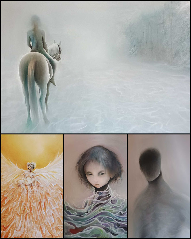 Four oilpaintings showing a horse wiht ride in the mist, an yellow angel with rubber boots, a sad looking child, a faceless being in the shape of a human
