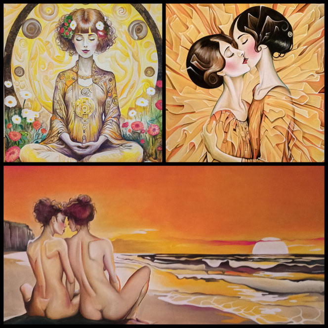 Three acrylic paintings with a meditation woman, two women kissing, two women in the sunset at a beach