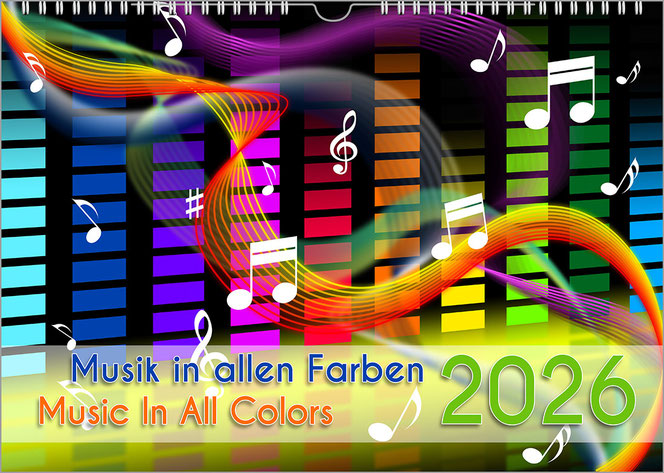 It is a very colorful title page of a music calendar in landscape format. The artwork symbolizes a mixing console with sliders, with the title at the bottom on the left and a large year on the right.