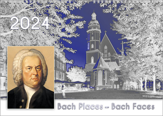 The cover of the Bach calendar consists of an alienation of St. Thomas Church in shades of gray and blue and a small, rectangular picture on the left, the portrait of Bach. The year is written in white at the top left and the calendar title at the bottom 