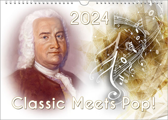 In the left half of the picture is a historical portrait of Bach, on the right are white notes on a golden background. The year is at the top center, the title at the bottom center.