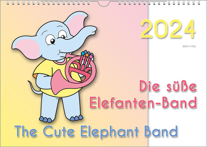 It is a music calendar for kids in landscape format. A funny painted elephant plays the horn on the left two thirds. The year is at the top of the right-hand white third, and the calendar title is at the bottom right.