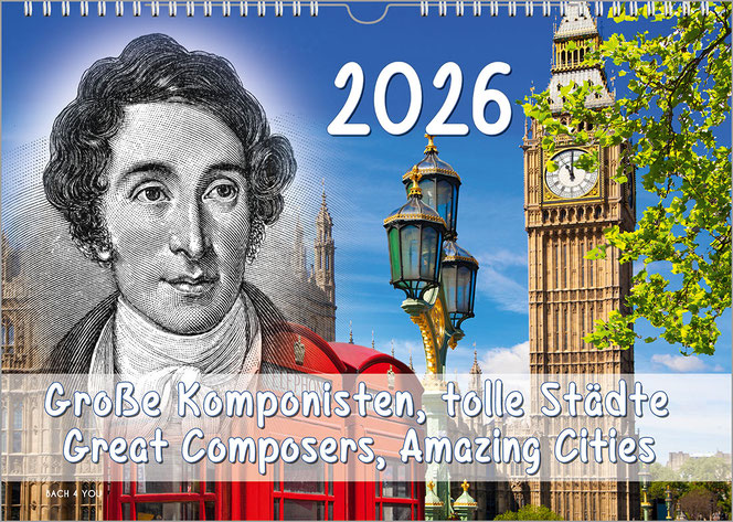 A landscape-format composers calendar in the Bach shop: On the left is a black and white wood engraving of Haydn, on the right is a photo of Big Ben in London and a bright green leafy tree. At the top center is the year, at the bottom the title on a milky