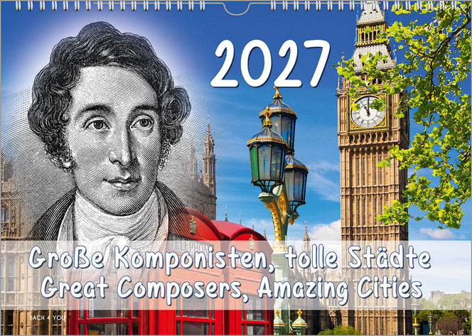 A landscape-format composers calendar in the Bach shop: On the left is a black and white wood engraving of Haydn, on the right is a photo of Big Ben in London and a bright green leafy tree. At the top center is the year, at the bottom the title on a milky