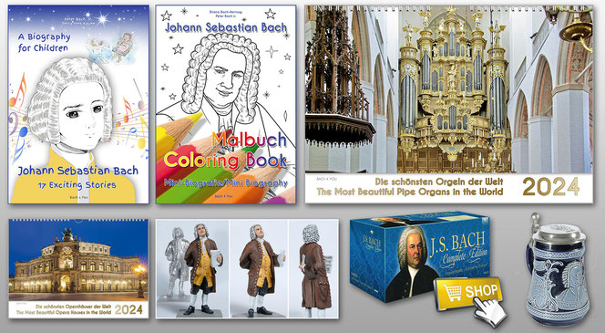 Music gifts which are collected to a medley on one photo: a Bach biography for children book, a coloring book, an organ calendar, an opera house calendar, a Bach tin figure and a Bach music complete edition. All is on grey background.