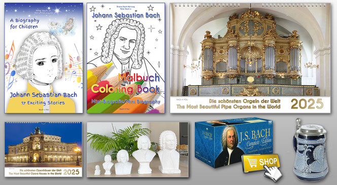 Music gifts which are collected to a medley on one photo: a Bach Biography for Children Book, a Bach coloring book, a pipe organ calendar, an opera house calendar, a Bach tin figure and a Bach music complete edition. All is on grey background.