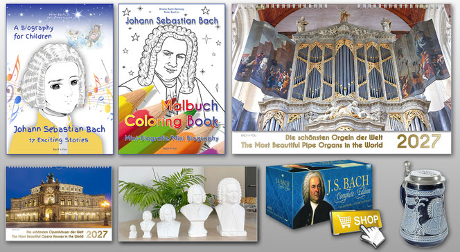 Music gifts which are collected to a medley on one photo: a Bach Biography for Children Book, a Bach coloring book, a pipe organ calendar, an opera house calendar, a Bach tin figure and a Bach music complete edition. All is on grey background.