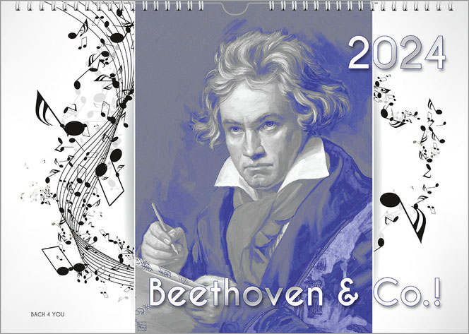 The composers calendar in landscape format: Three vertical surfaces are next to each other, the outer ones are white and there are black notes and staves. In the middle is the well-known Beethoven motif in gray and blue. The year is at the top and the tit
