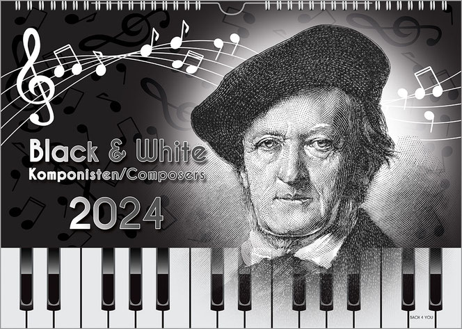 A black and white calendar in landscape format. At the top is Wagner as a wood engraving, below is an indication of a piano keyboard. At the top are white notes on a gray background, on the left are the title and the year.