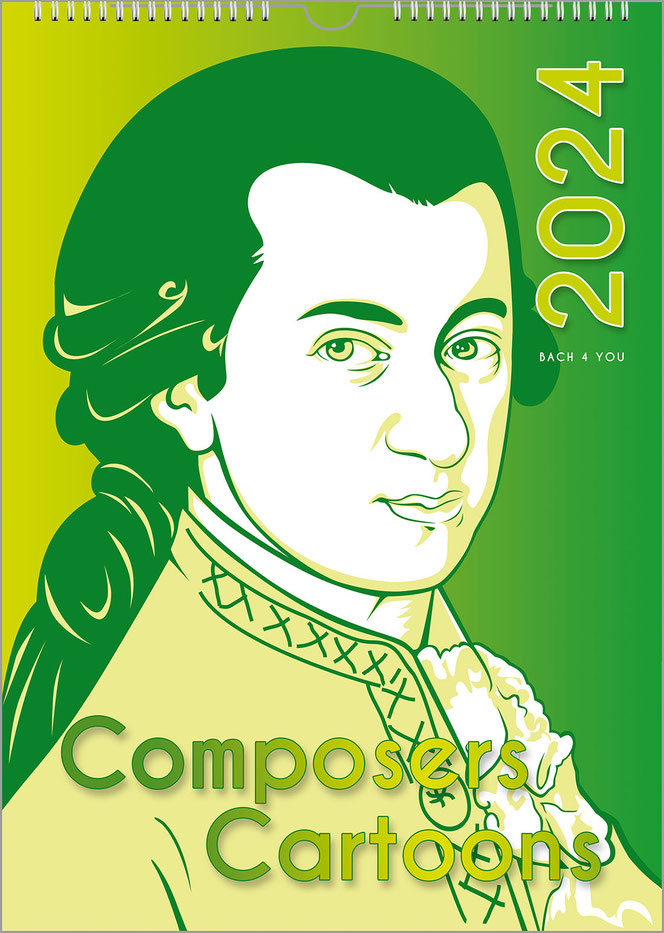 A cartoon adorns the entire cover of the composers calendar: It is Mozart looking at the viewer in shades of green. There is a year at the top right and the title at the bottom.