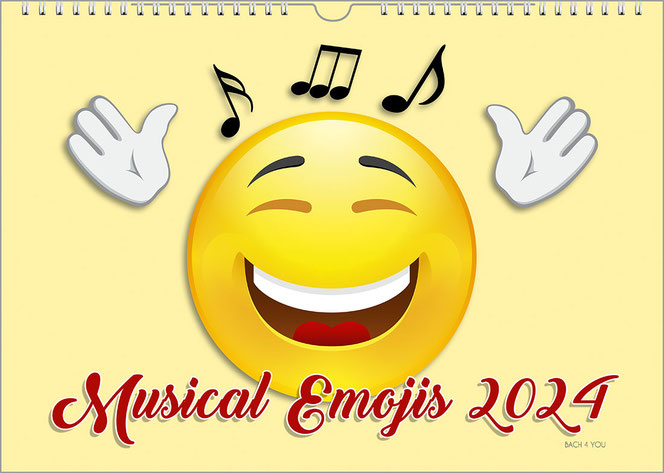 A full-height yellow emoji laughs and raises his hands. Above him are three black notes. It is on a light yellow background. Below is the title and calendar year of the music calendar in red cursive writing.