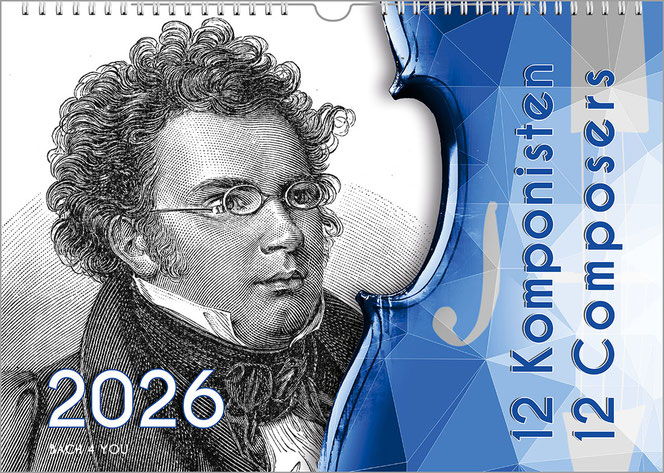 A composers calendar in the Bach Shop. On the title page there is a wood engraving of Schubert in the left two thirds, in the right third is an abstract violin in blue tones. At the bottom left is the year, at the top right is the calendar title.